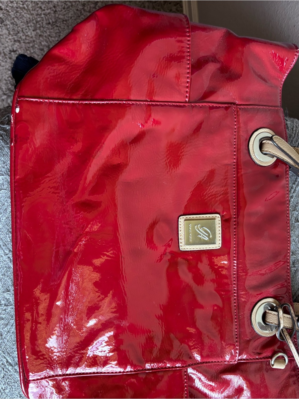 Grace Adele Patent Red Tote with Gold Hardware
